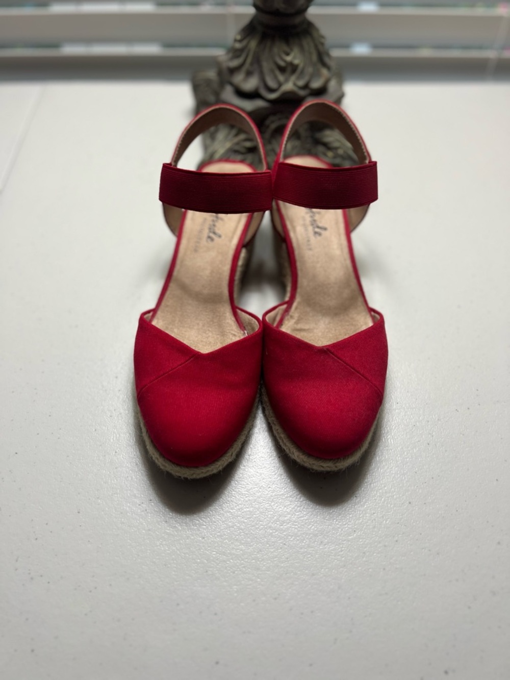Life Stride Canvas Red Espadrille Wedge Sandals with Ankle Strap - Women's 8.5